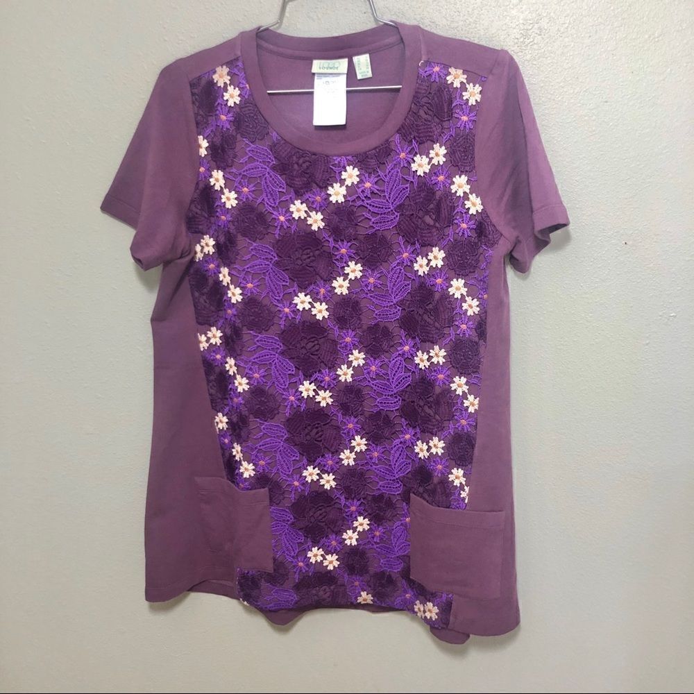 LOGO By Lori Goldstein Lace Over Lay Floral Top